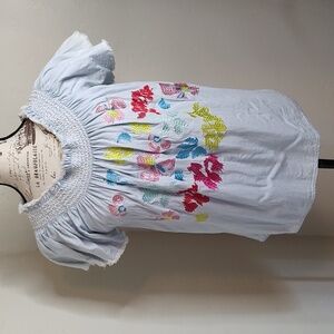 Grand & Greene Sky Blue Boho Cottage Core Floral Embroidery Blouse SZ: L